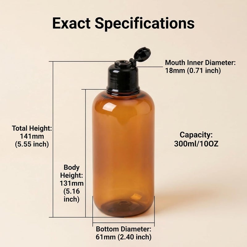 VASANA 300ml/10oz Empty Refill Plastic Squeeze Bottles with Black Flip Cap Cosmetic Makeup Essential Oil Water Shampoo Shower Gel Liquid Body SoapStorage Holder DIY Beauty Tool Pack of 2 (Amber) - Image 2