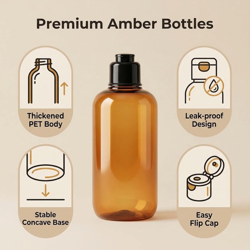 VASANA 300ml/10oz Empty Refill Plastic Squeeze Bottles with Black Flip Cap Cosmetic Makeup Essential Oil Water Shampoo Shower Gel Liquid Body SoapStorage Holder DIY Beauty Tool Pack of 2 (Amber) - Image 3
