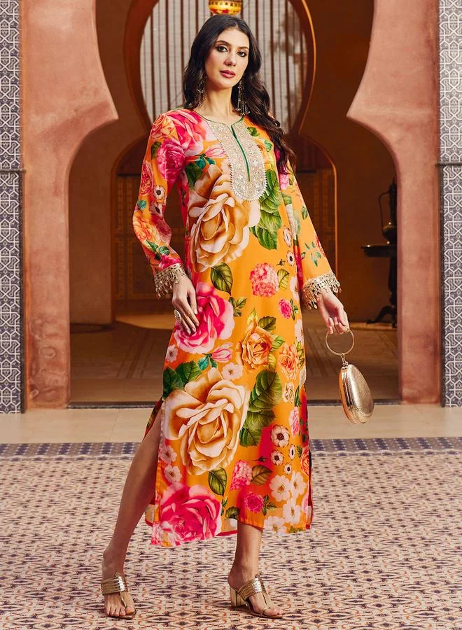 SASSAFRAS Floral Print Embroidered Neck Abaya Dress