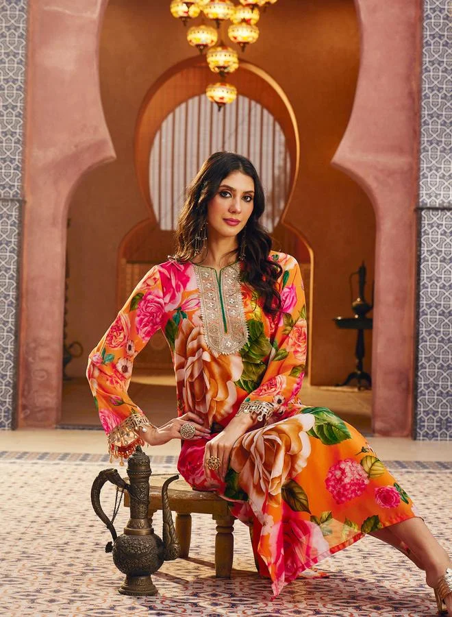 SASSAFRAS Floral Print Embroidered Neck Abaya Dress