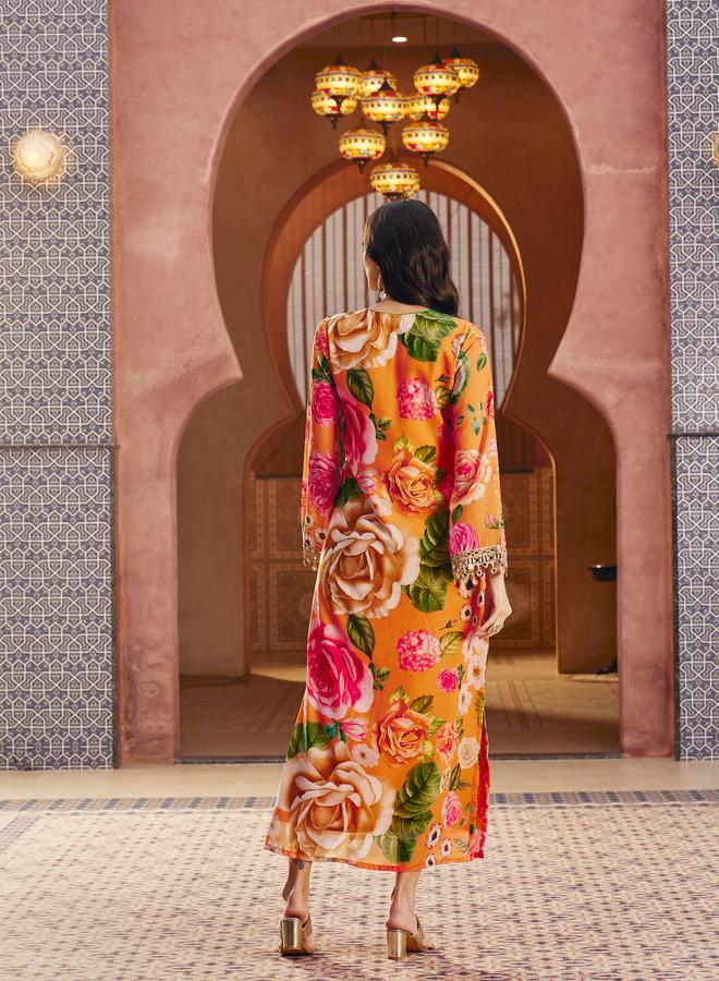 SASSAFRAS Floral Print Embroidered Neck Abaya Dress - Image 5