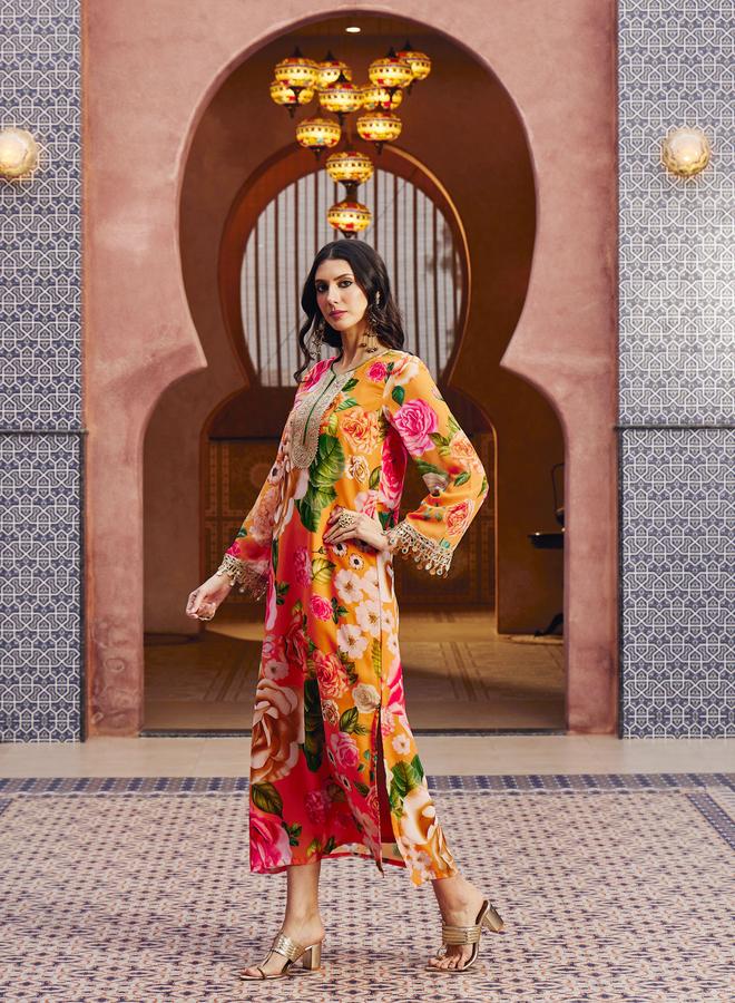 SASSAFRAS Floral Print Embroidered Neck Abaya Dress - Image 3