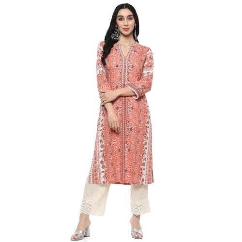 BIBA Women Viscose Printed Regular Fit Straight Kurta Mix and Match(RIBAYAT COLLECTION20151_Blush Pink_38) - Image 1