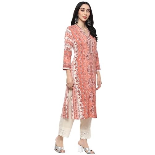 BIBA Women Viscose Printed Regular Fit Straight Kurta Mix and Match(RIBAYAT COLLECTION20151_Blush Pink_38) - Image 3