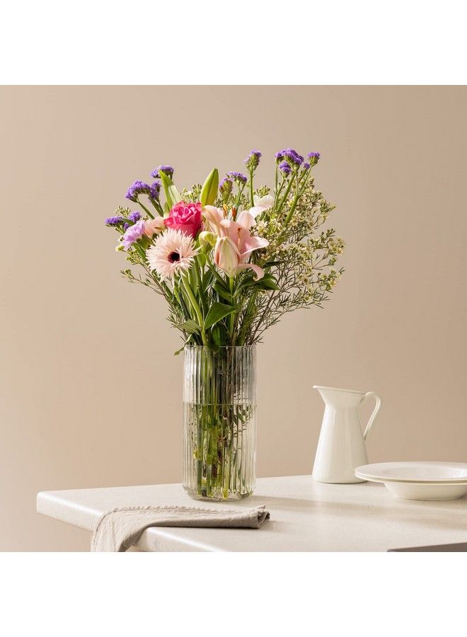 Navaris Ribbed Vase ? 4.5 X 9.8 Inches Transparent Glass Flower Vase Modern And Minimal Wide Decorative Clear Vase - Image 3