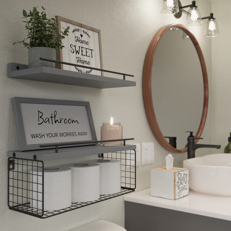 WOPITUES Floating Shelves for Wall Decor Sign, Bathroom Organizers and Storage, Bathroom Shelves Over Toilet with Metal Guardrail-Modern Grey - Image 5