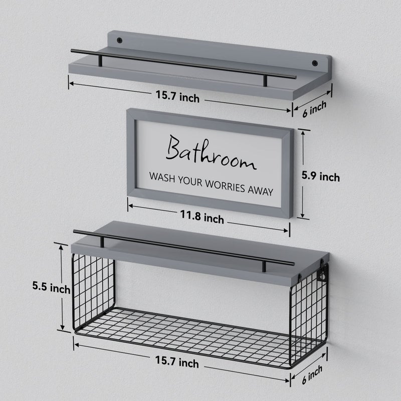 WOPITUES Floating Shelves for Wall Decor Sign, Bathroom Organizers and Storage, Bathroom Shelves Over Toilet with Metal Guardrail-Modern Grey - Image 3