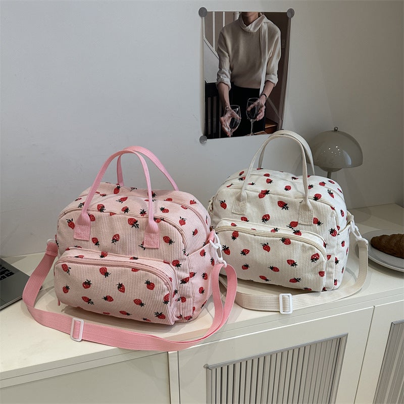 Corduroy Strawberry Travel Tote Bag with Large Capacity for Women - Image 2