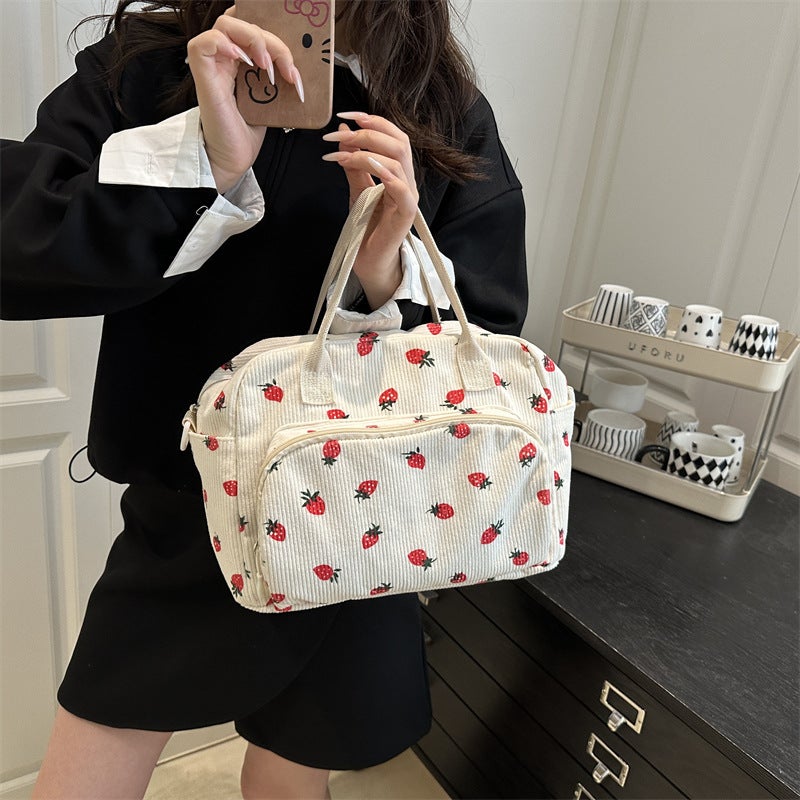 Corduroy Strawberry Travel Tote Bag with Large Capacity for Women - Image 4