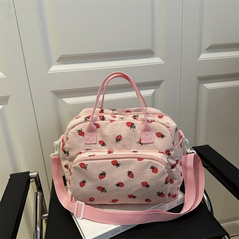 Corduroy Strawberry Travel Tote Bag with Large Capacity for Women - Image 5