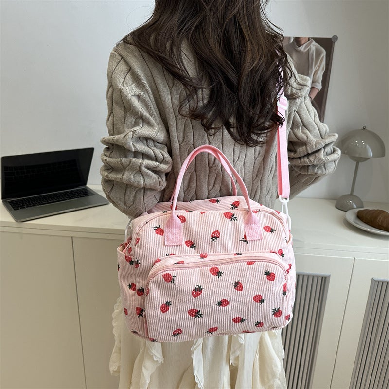 Corduroy Strawberry Travel Tote Bag with Large Capacity for Women - Image 3
