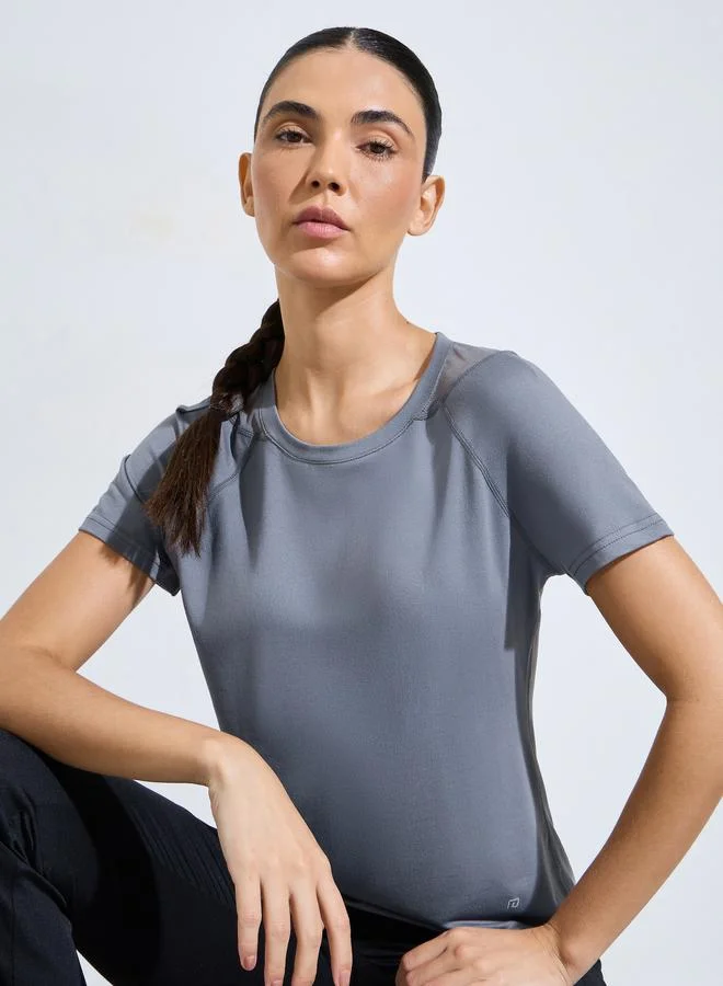 Styli Active Grey Solid Logo Racerback Mesh Insert SS T-Shirt