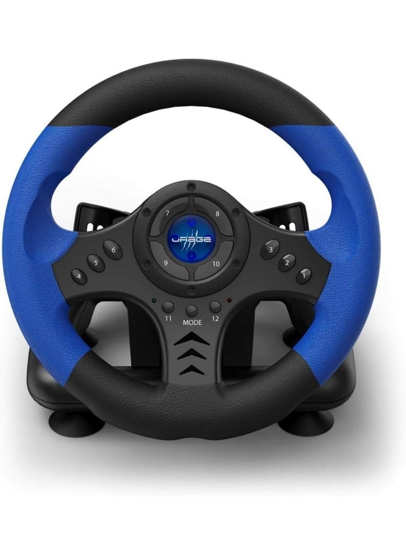 uRage GripZ 500 PC Gaming Steering Wheel with Pedals, Dual Vibration, 180° Rotation, 24cm, Black/Blue - Image 2