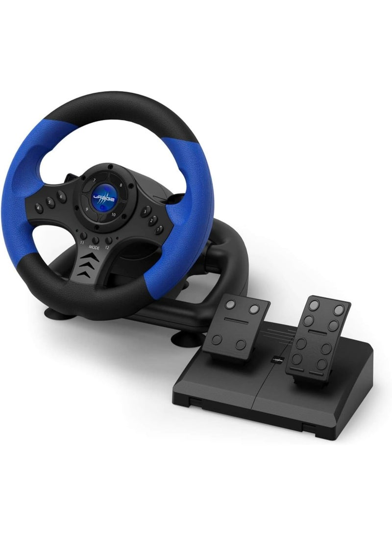 uRage GripZ 500 PC Gaming Steering Wheel with Pedals, Dual Vibration, 180° Rotation, 24cm, Black/Blue - Image 1
