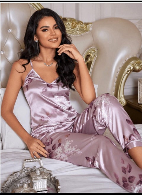 Shein LuxeNights Floral Print Satin PJ Set / Pajama Set