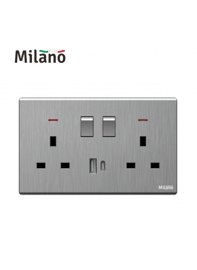 DANUBE HOME Milano Aura 13A Dual Socket With Neon & Usb Type A+C - Brushed Silver Finish Durable Fire Retardant Pc Material/Silver Point Red Copper Electrical Switch Home Electronic Accessories - 17.2X9X4Cm 