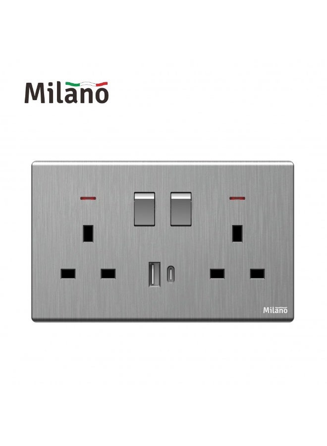 DANUBE HOME Milano Aura 13A Dual Socket With Neon & Usb Type A+C - Brushed Silver Finish Durable Fire Retardant Pc Material/Silver Point Red Copper Electrical Switch Home Electronic Accessories - 17.2X9X4Cm - Image 1