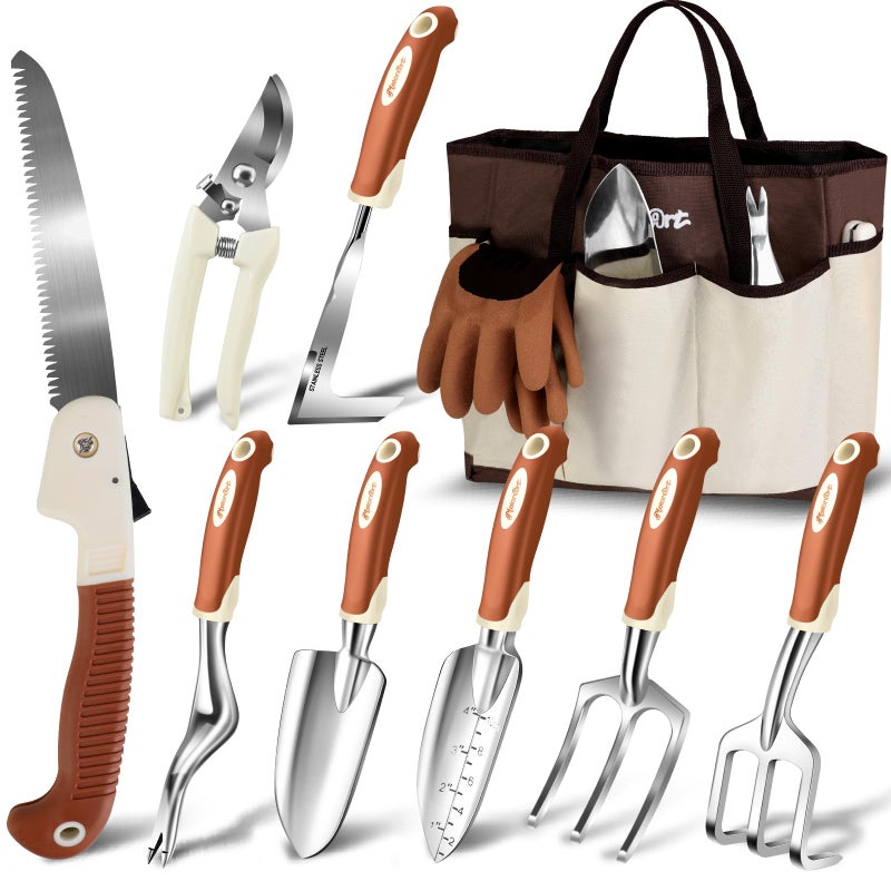 MelonArt Garden Tool Set,10 Pcs Heavy Duty Gardening Hand Tool Kit for Women Aluminum with Non Slip Ergonomic Handle, Storage Tote Bag and Gardening Gloves, Ideal Gifts for Women and Men - Image 1
