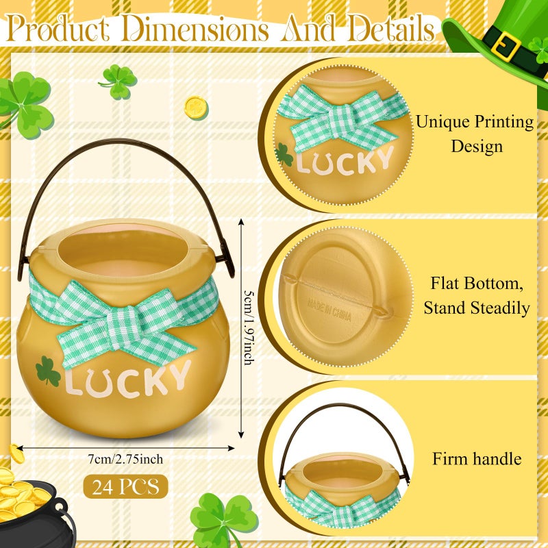 MiniInflat 265 Pcs St Patrick's Day Cauldrons Set 24 Mini Cauldrons 240 Gold Green Plastic Small Ornaments Bulk Patricks Pot with Handle Ribbon St. Patrick Party Favor(Black, Green,Various Styles) - Image 2