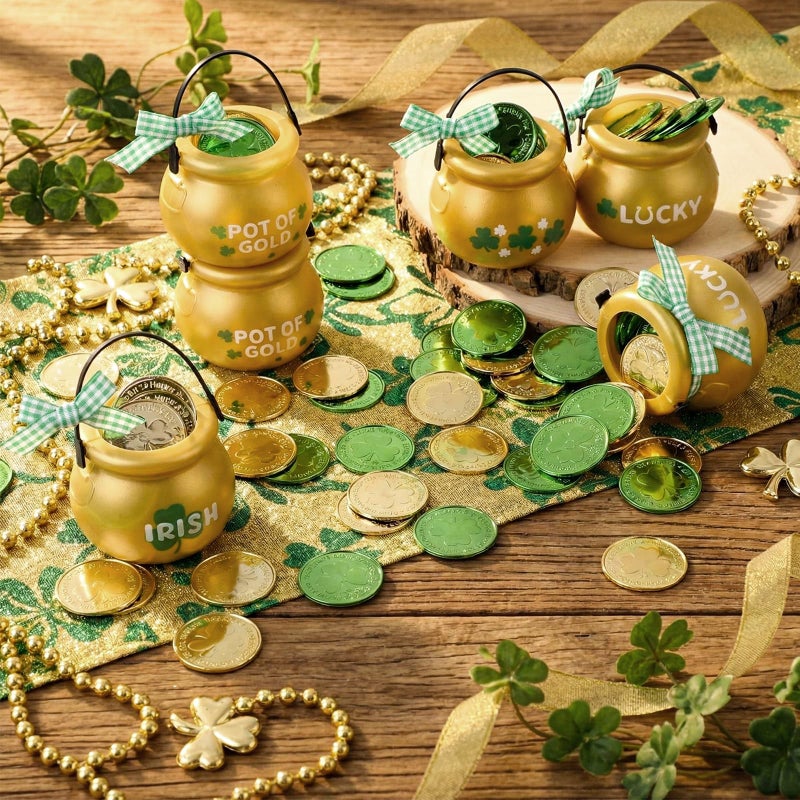 MiniInflat 265 Pcs St Patrick's Day Cauldrons Set 24 Mini Cauldrons 240 Gold Green Plastic Small Ornaments Bulk Patricks Pot with Handle Ribbon St. Patrick Party Favor(Black, Green,Various Styles) - Image 5