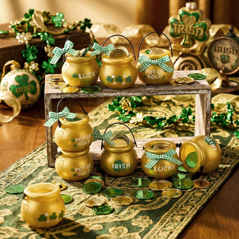 MiniInflat 265 Pcs St Patrick's Day Cauldrons Set 24 Mini Cauldrons 240 Gold Green Plastic Small Ornaments Bulk Patricks Pot with Handle Ribbon St. Patrick Party Favor(Black, Green,Various Styles) - Image 4