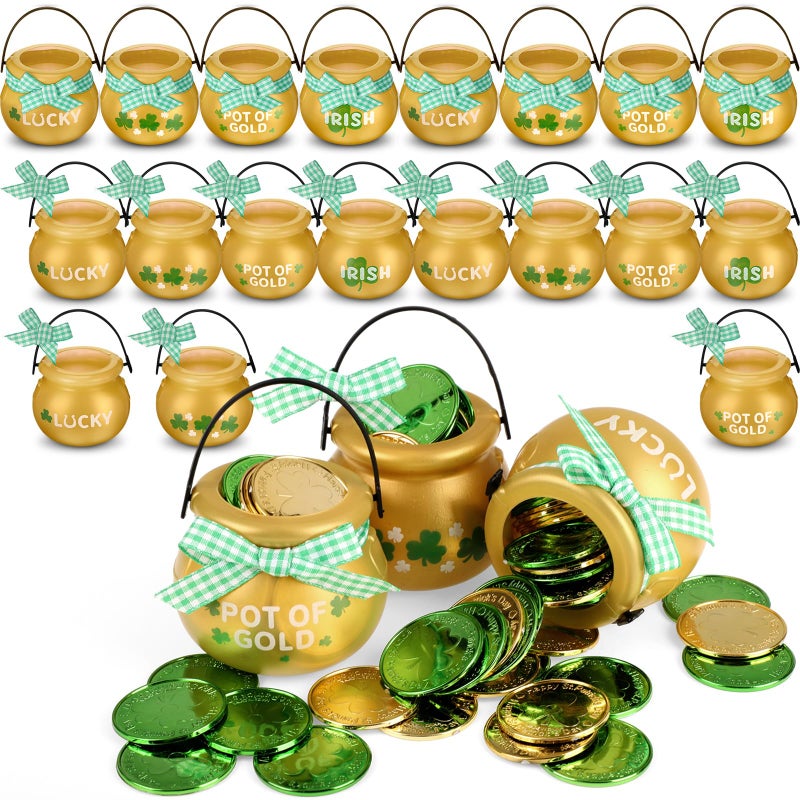 MiniInflat 265 Pcs St Patrick's Day Cauldrons Set 24 Mini Cauldrons 240 Gold Green Plastic Small Ornaments Bulk Patricks Pot with Handle Ribbon St. Patrick Party Favor(Black, Green,Various Styles) - Image 1