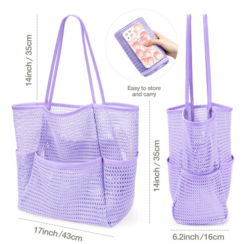 KPX Mesh Beach Bag, Tote Bag for Women Large Foldable Mesh Swimming Bag with Pockets - Sandproof, Waterproof (Purple-Style2) - Image 3