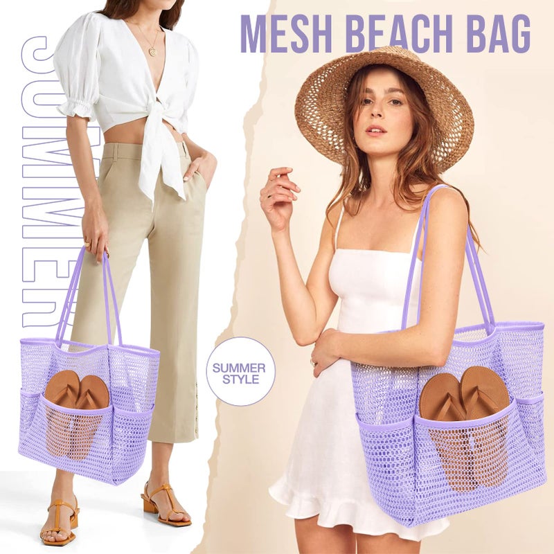 KPX Mesh Beach Bag, Tote Bag for Women Large Foldable Mesh Swimming Bag with Pockets - Sandproof, Waterproof (Purple-Style2) - Image 4