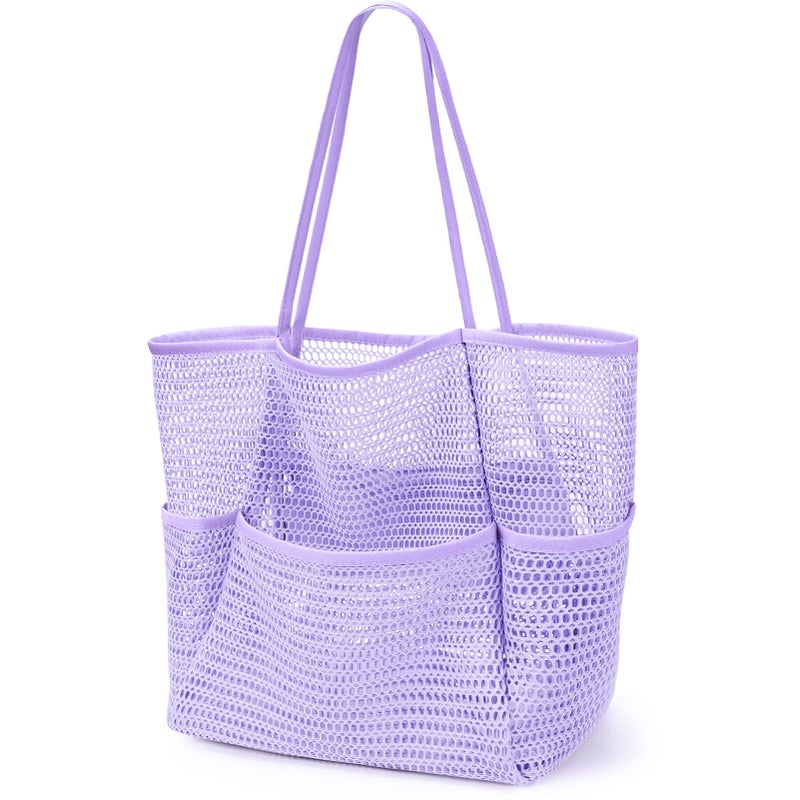 KPX Mesh Beach Bag, Tote Bag for Women Large Foldable Mesh Swimming Bag with Pockets - Sandproof, Waterproof (Purple-Style2) - Image 1