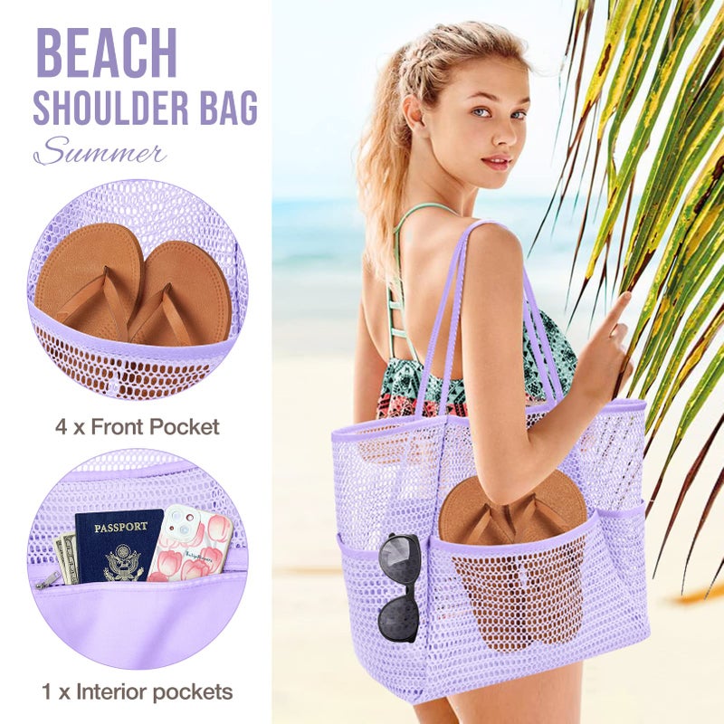 KPX Mesh Beach Bag, Tote Bag for Women Large Foldable Mesh Swimming Bag with Pockets - Sandproof, Waterproof (Purple-Style2) - Image 5