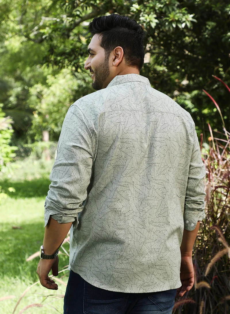 Instafab Plus Instafab Plus Men's Coin Grey Leaflet-Imprint Woven Shirt For Casual Wear | Spread Collar | Long Cuffed Sleeves | Button Closure | Plus Size Shirt Crafted With Comfort Fit For Everyday Wear