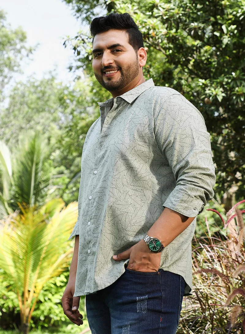 Instafab Plus Instafab Plus Men's Coin Grey Leaflet-Imprint Woven Shirt For Casual Wear | Spread Collar | Long Cuffed Sleeves | Button Closure | Plus Size Shirt Crafted With Comfort Fit For Everyday Wear