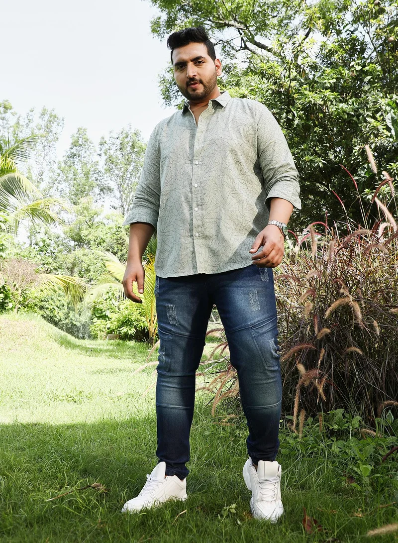Instafab Plus Instafab Plus Men's Coin Grey Leaflet-Imprint Woven Shirt For Casual Wear | Spread Collar | Long Cuffed Sleeves | Button Closure | Plus Size Shirt Crafted With Comfort Fit For Everyday Wear