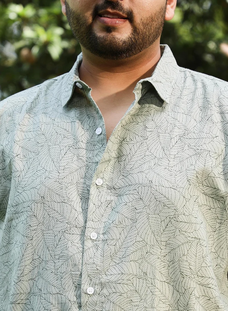 Instafab Plus Instafab Plus Men's Coin Grey Leaflet-Imprint Woven Shirt For Casual Wear | Spread Collar | Long Cuffed Sleeves | Button Closure | Plus Size Shirt Crafted With Comfort Fit For Everyday Wear