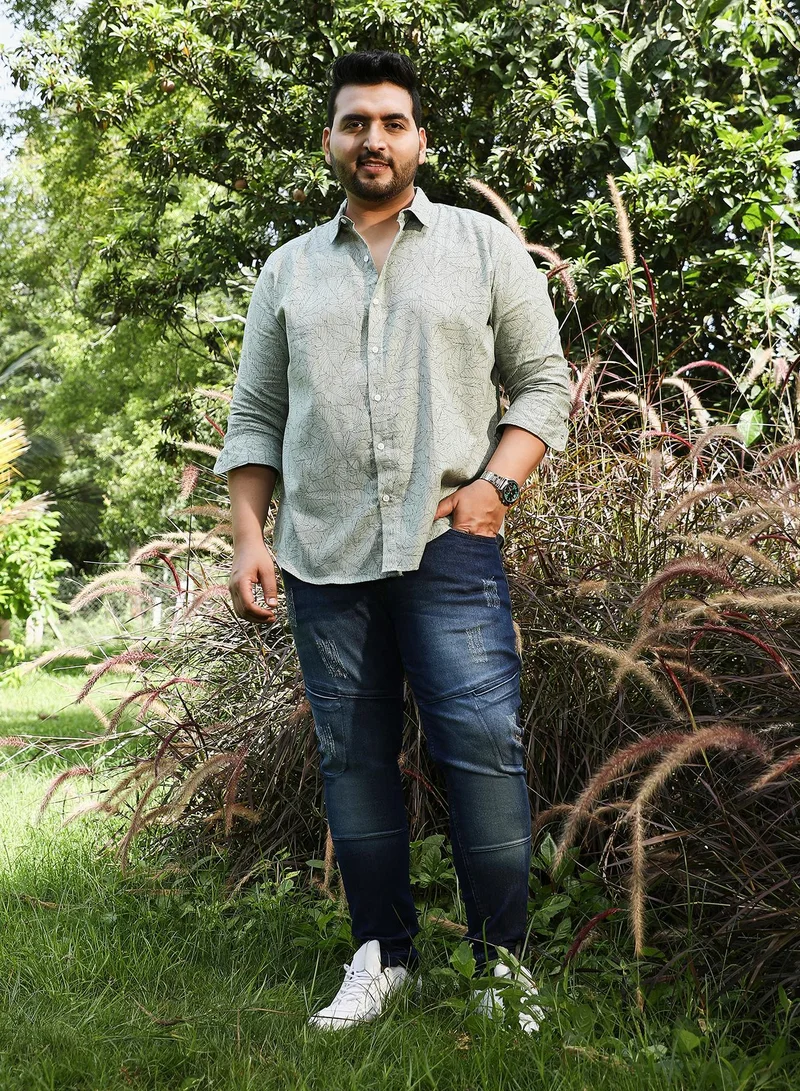 Instafab Plus Instafab Plus Men's Coin Grey Leaflet-Imprint Woven Shirt For Casual Wear | Spread Collar | Long Cuffed Sleeves | Button Closure | Plus Size Shirt Crafted With Comfort Fit For Everyday Wear