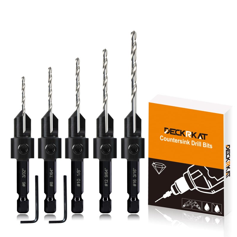 5pc Woodworking Countersink Counterbore Drill Bit Set 3in1 for 6 8 10 12 16 Screws M2 Pilot Drill Bits Adjustable Depth 82Degree Chamfer with Stop 14 Hex Shank Includes 2 Allen Wrenches