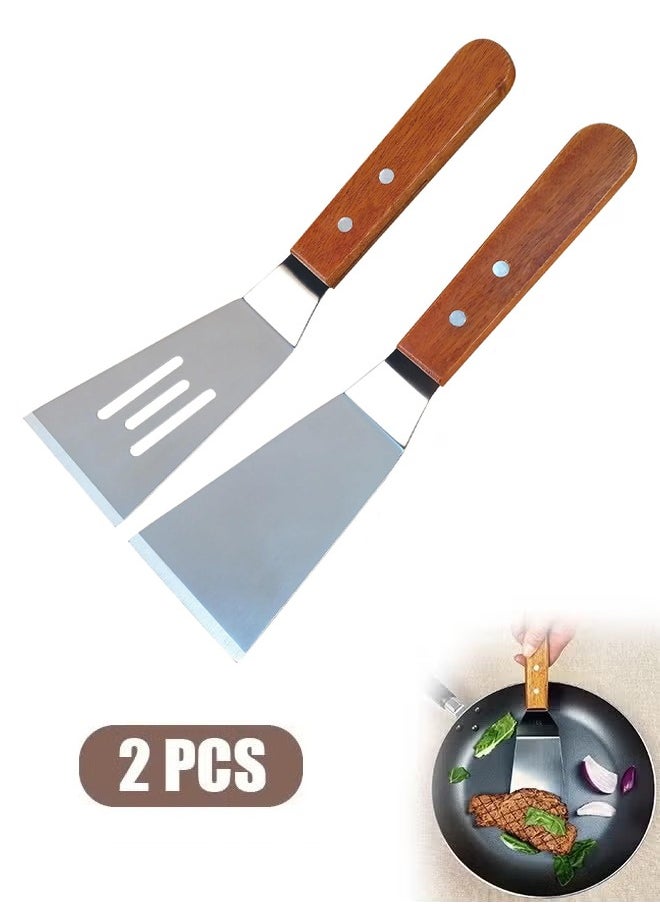 HY 2 Pcs Metal Spatulas Set with Beveled Edges, Stainless Steel Metal Spatula for Cast Iron Skillet, Wok Flat Top Small Metal Spatula Turner with Wood Handle (Silver)  - Image 1