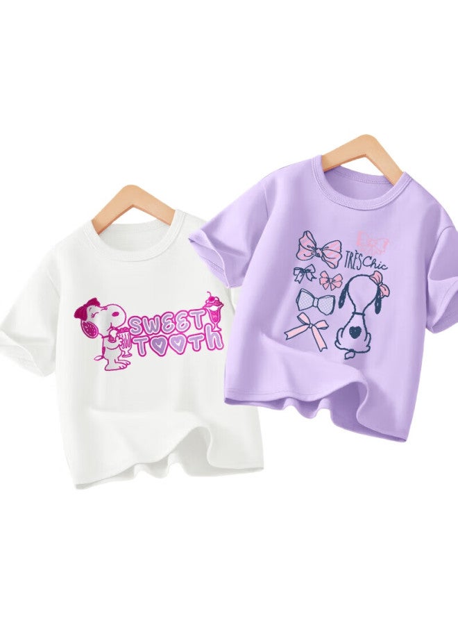 Snoopy (Snoopy) [2-Pack] Children'S Short-Sleeve T-Shirt, Boys And Girls Pure Cotton Summer Wear, White Dessert + Purple Bow Tie, 160 - Image 3