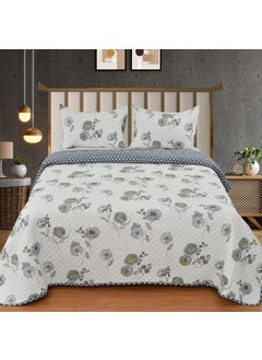 MallowWorld MallowWorld All Weather 3 Pcs 100 Cotton Ultrasonic 280 Tc Printed King Size Quilted Bed CoverBedsheet with 2 Pillow Case Grey Green 90X100 Inches 254X228 cm  - Image 1