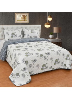 MallowWorld MallowWorld All Weather 3 Pcs 100 Cotton Ultrasonic 280 Tc Printed King Size Quilted Bed CoverBedsheet with 2 Pillow Case Grey Green 90X100 Inches 254X228 cm  - Image 2