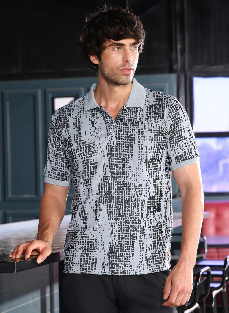 Campus Sutra Men Abstract-Gravel Print Polo T-Shirt | Jacquard Polo Neck, Short Ribbed-Cuff Sleeves | Half-Button , Straight Hem | Abstract Print Pique | Knitted Fabric For Casual & Daily Wear | Coin Grey & Midnight Black
