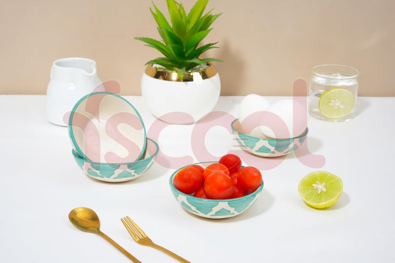 FS COOL FS COOL Hand Painted Ceramic Serving Bowl for Salad & Fruit Decoration, Noodle, Dessert, Rice, Pasta, Wedding Decor, Microwave & Dishwasher Safe, 75 ML 8.5 CM, Serving Bowl Gift Set (Green, Set of 4) - Image 3