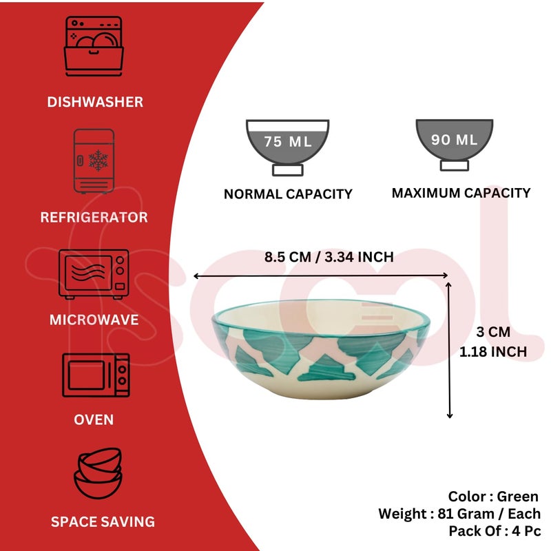 FS COOL FS COOL Hand Painted Ceramic Serving Bowl for Salad & Fruit Decoration, Noodle, Dessert, Rice, Pasta, Wedding Decor, Microwave & Dishwasher Safe, 75 ML 8.5 CM, Serving Bowl Gift Set (Green, Set of 4) - Image 2