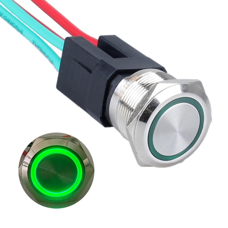DMWD 22mm Heavy Duty Latching Metal Push Button Switch Waterproof Large Current 20Amp 12V-24V ON-OFF 2NO 4 Pins with Pre-wired Harness (Halo Ring Green LED) - Image 1