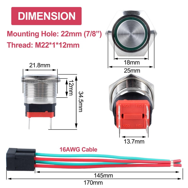 DMWD 22mm Heavy Duty Latching Metal Push Button Switch Waterproof Large Current 20Amp 12V-24V ON-OFF 2NO 4 Pins with Pre-wired Harness (Halo Ring Green LED) - Image 4