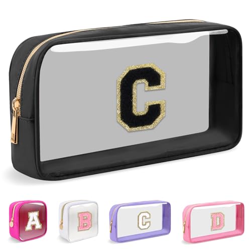Iqimott Small Clear Personalized Initial Makeup BagNylon Preppy AZ Chenille Letter Patch Cosmetic Pouch Beach Toiletry BagWaterproof Zipper Travel Purse Storage Bag Organizer for Women GirlsBlackBlack C - Image 1