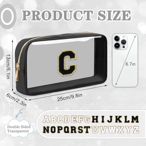 Iqimott Small Clear Personalized Initial Makeup BagNylon Preppy AZ Chenille Letter Patch Cosmetic Pouch Beach Toiletry BagWaterproof Zipper Travel Purse Storage Bag Organizer for Women GirlsBlackBlack C - Image 3