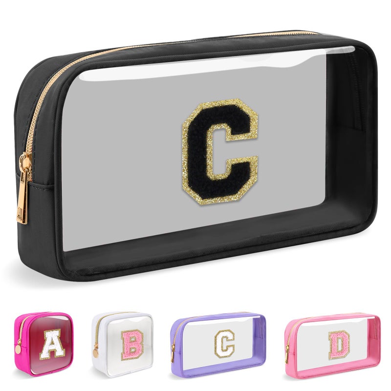 Iqimott Small Clear Personalized Initial Makeup BagNylon Preppy AZ Chenille Letter Patch Cosmetic Pouch Beach Toiletry BagWaterproof Zipper Travel Purse Storage Bag Organizer for Women GirlsBlackBlack C - Image 2