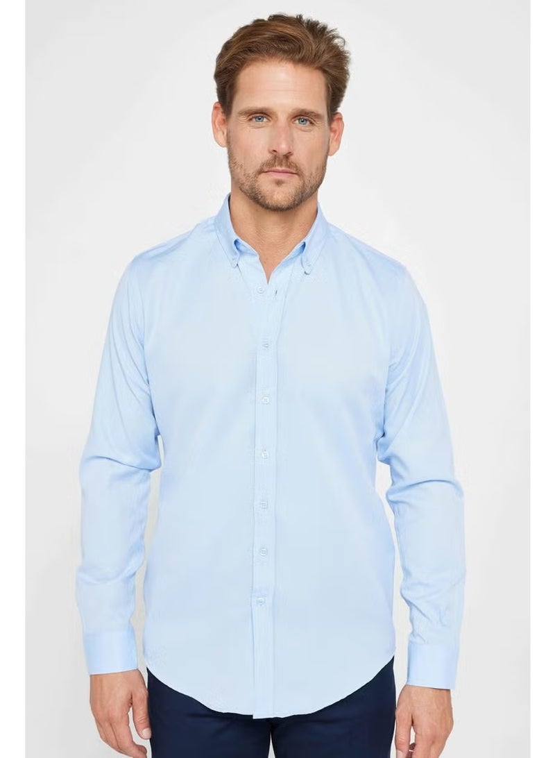 Tudors Slim Fit Long Sleeve Slim Fit Button Collar Cotton Plain Oxford Blue Men's Shirt - Image 2