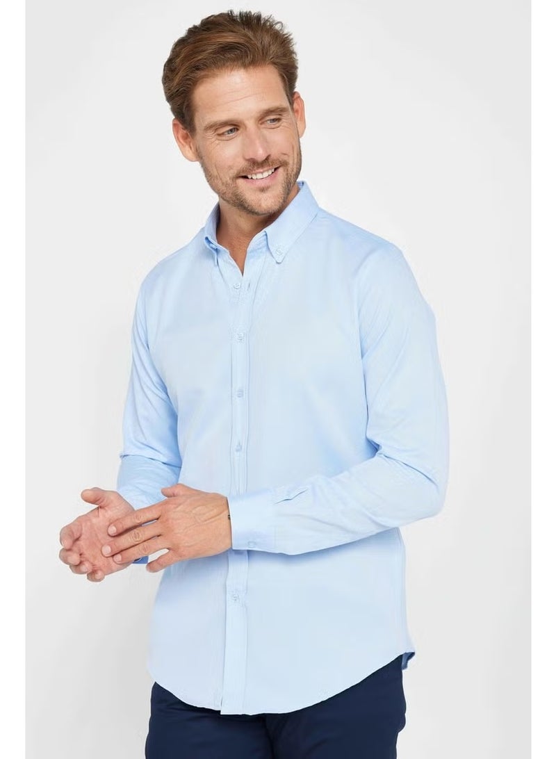 Tudors Slim Fit Long Sleeve Slim Fit Button Collar Cotton Plain Oxford Blue Men's Shirt - Image 1